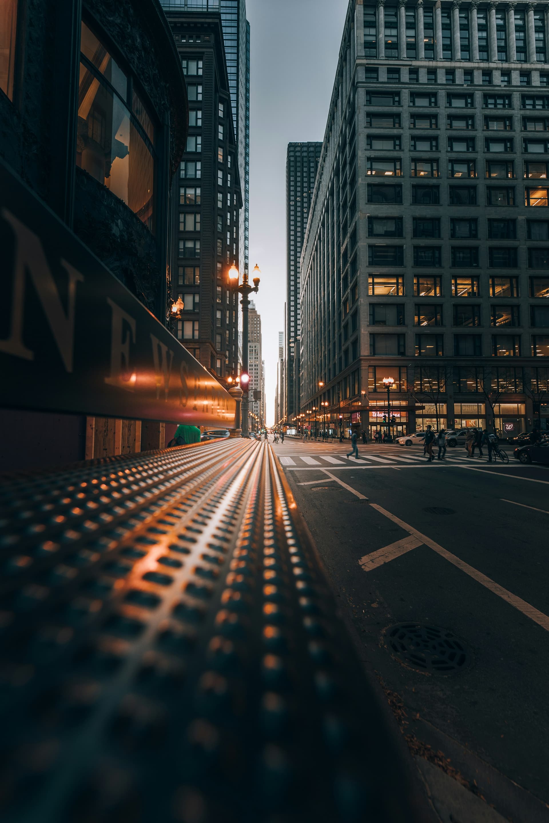 Monochrome urban architecture and a lone figure in Chicago