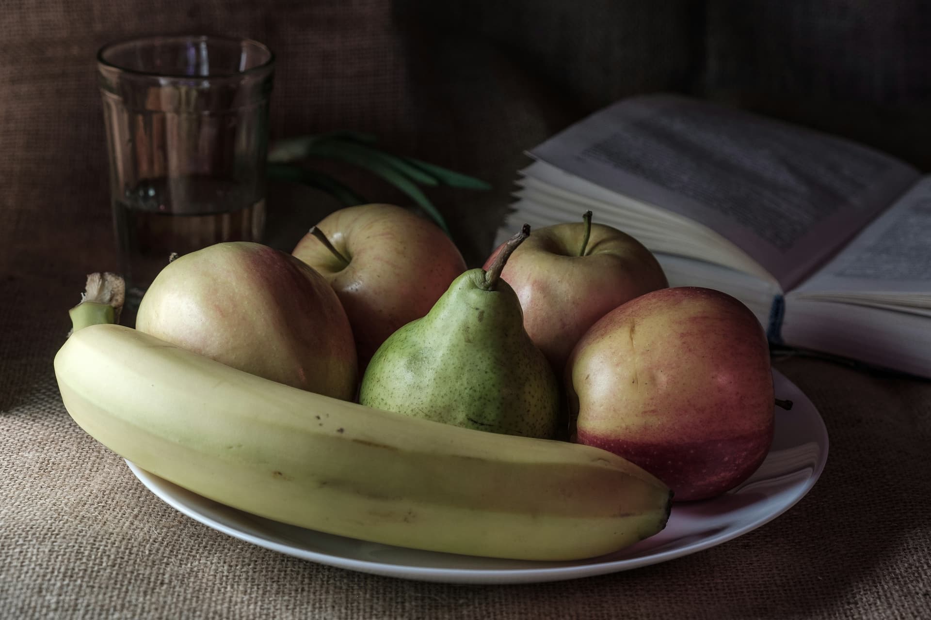 Fruit arranged beside an open book in soft natural light