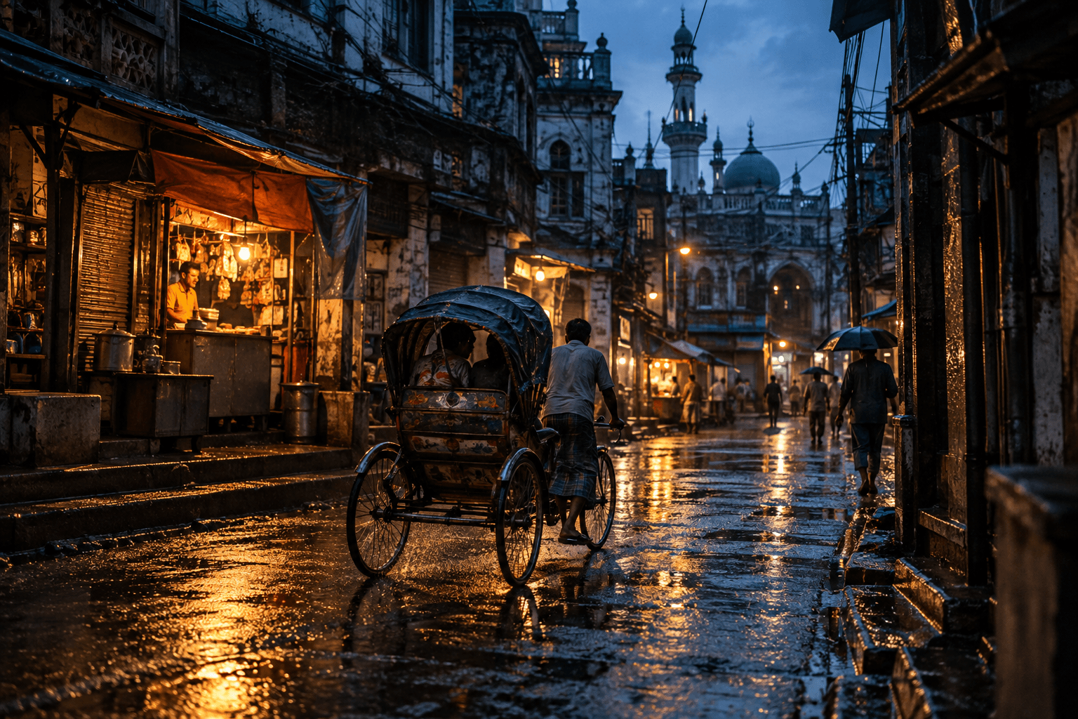 A rickshaw travelling along a reflective street after rain